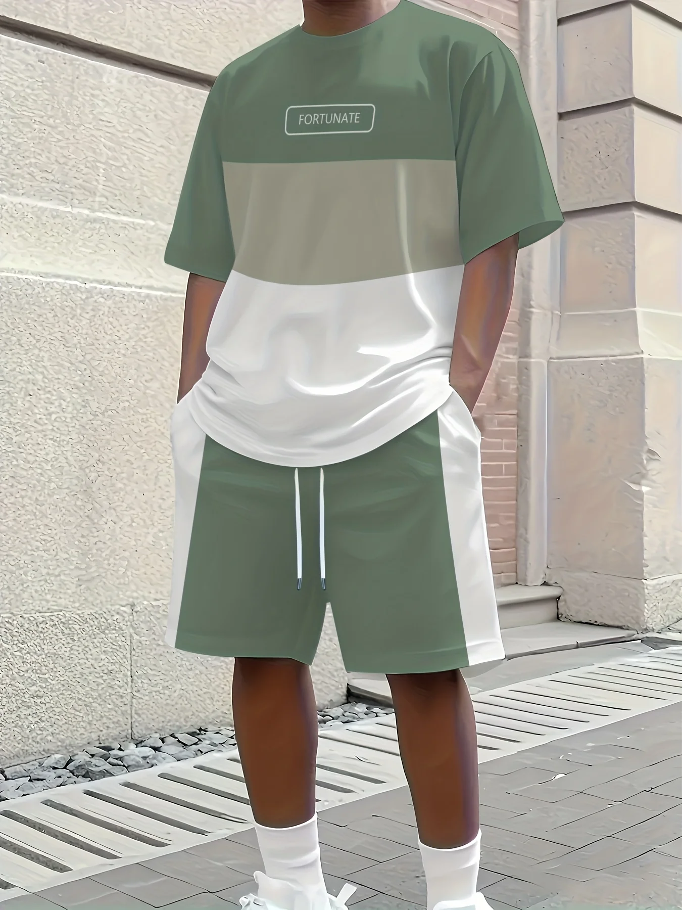 

2026 Casual Men's Set Summer Apparel Color-Blocked Short-Sleeve Top Relaxed Drawstring Shorts Stylish Streetwear Ensemble
