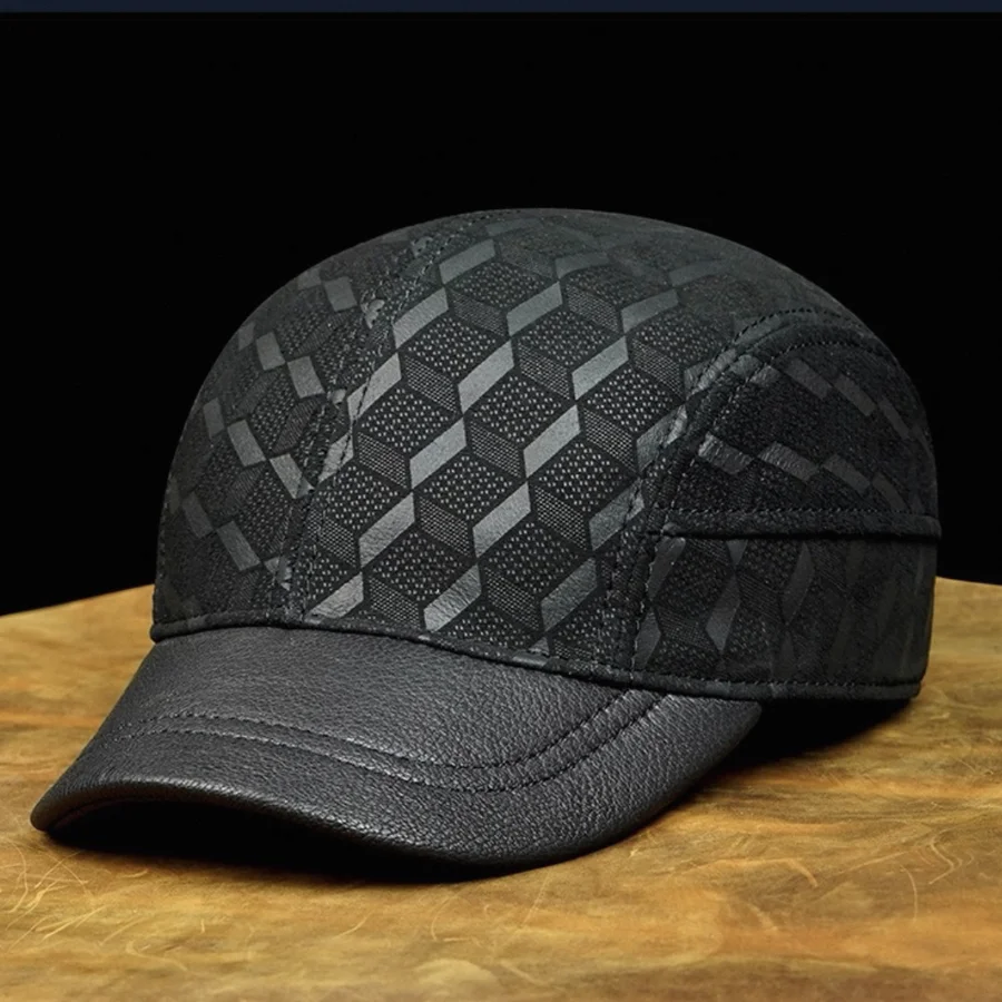 Short Brim 5CM Baseball Cap For Men Genuine Leather Duck Tonue Hats Male Casual Punch Hockey Leather Baseball Cap Printed