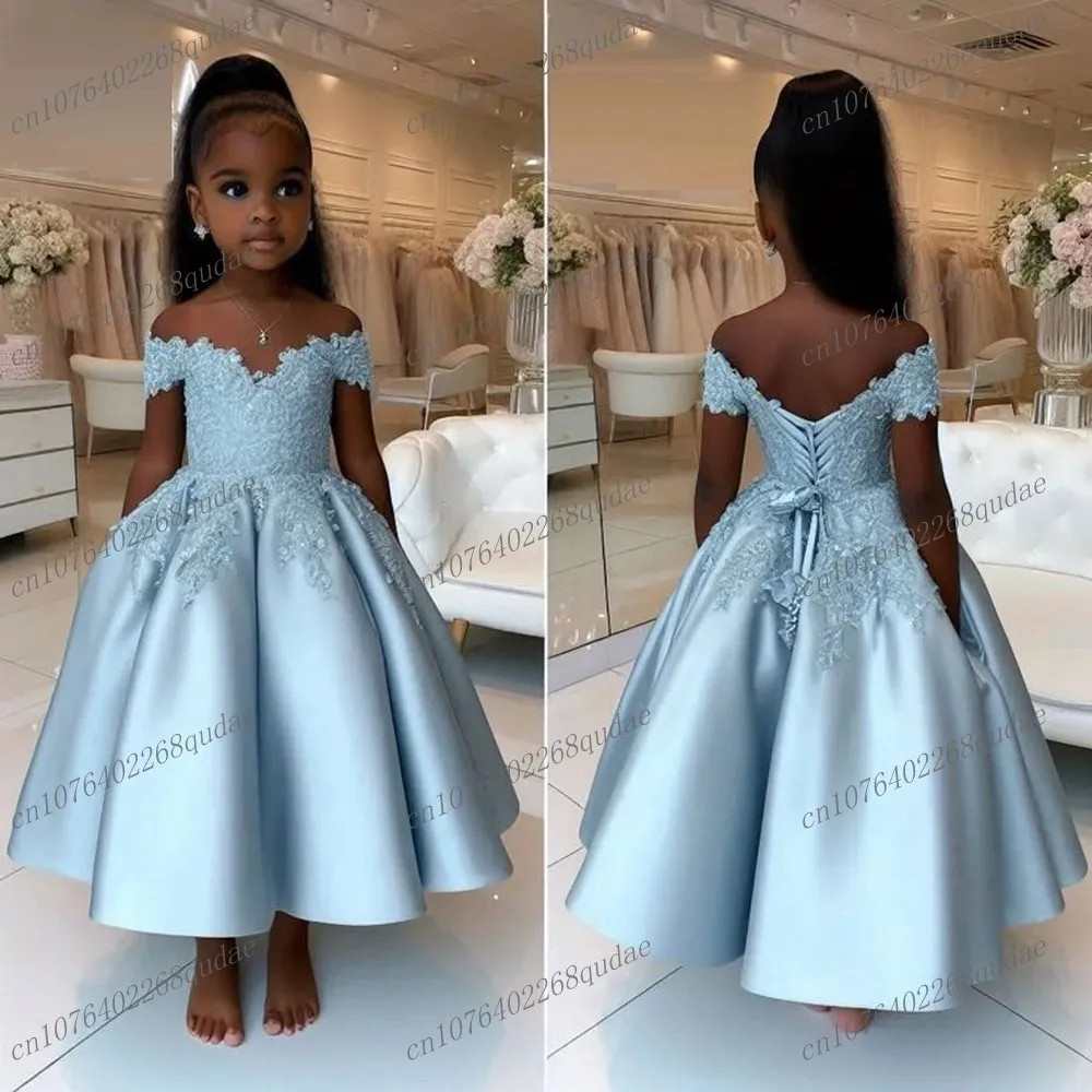 

Princess Sky Blue Flower Girl Dresses Wedding Party Lace Tulle Spoon Neck Girls Long Sleeve Pageant Gown First Communion Dress