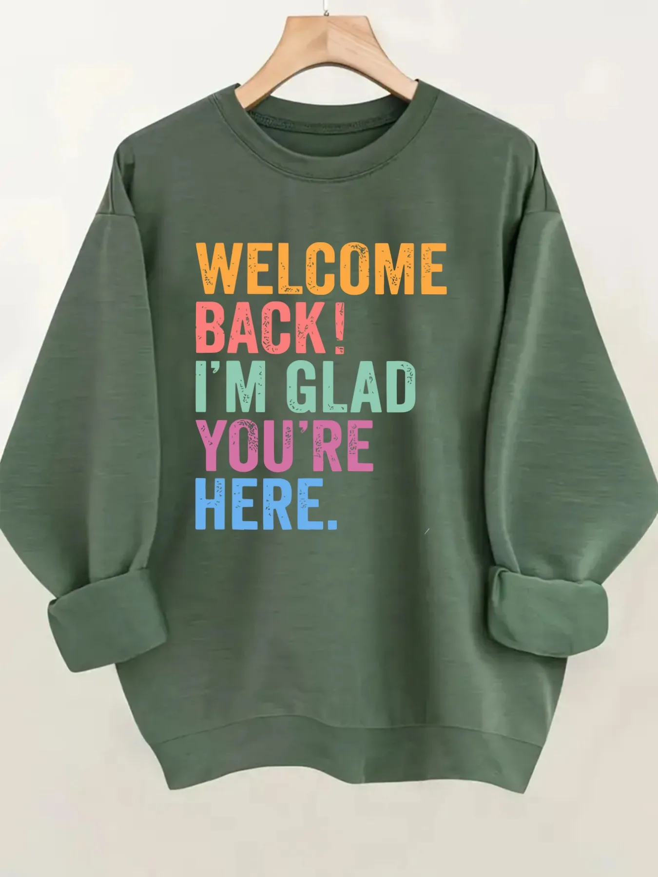 Women's Crew Neck Pullover Sweatshirt Welcome Back Glad Design, Soft Casual Long Sleeve, Daily Casual Top Outfit, Winter Women's Clothing, Thanksgiving Outfit