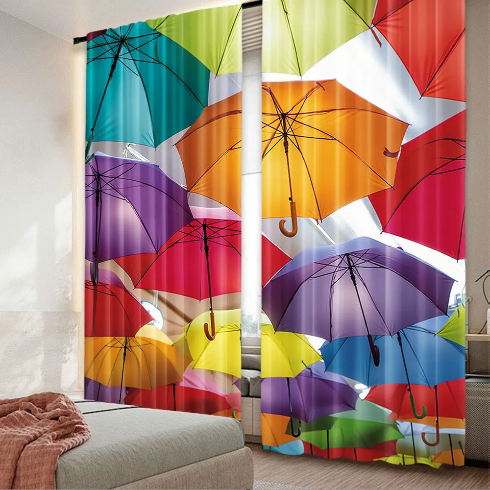 2Pcs Colorful Curtain Close Up Happy Hanged High Vivid Umbreallas Rainy Autumn Day Themed For Bedroom Living Room And Dining