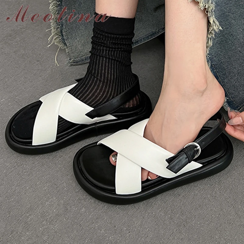 

Meotina Women Genuine Leather Sandals Round Toe Flats Buckle Mixed Colors Concise Ladies Fashion Casual Shoes Summer Black White