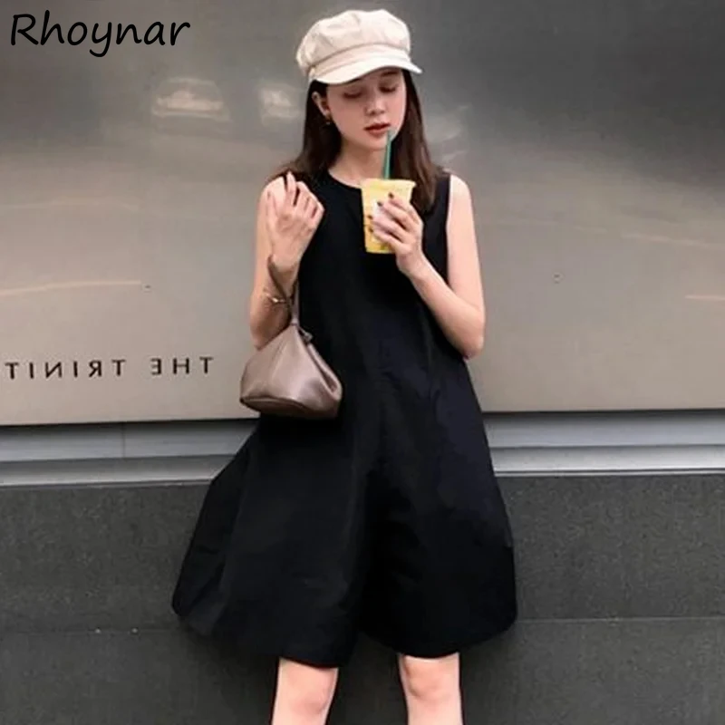 Rompers Women Solid O-Neck Sleeveless Loose Fashion Streetwear High Waist Simple Korean Version Summer All-match Tooling Style