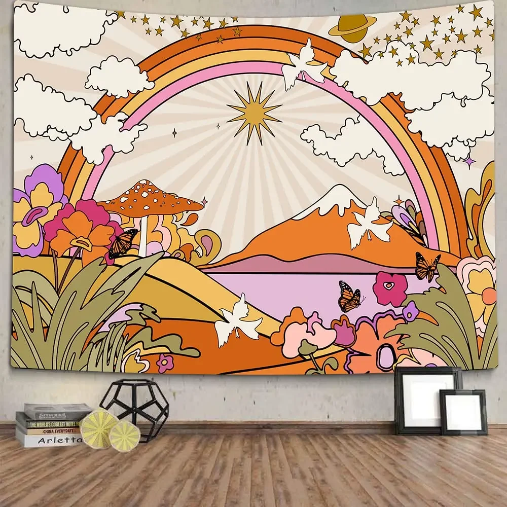 Vinnntage 70er Jahre bunter Wandteppich, Retro Blumen Wolken Sonne und Regenbogen Wandteppich Wandbehang, Boho Hippie Psychedelischer Wandteppich