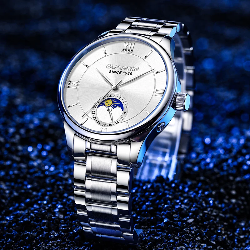Мужские часы GUANQIN, роскошные автоматические механические стальные кожаные часы с календарем и фазой Луны, деловые водонепроницаемые мужские часы для отдыха
