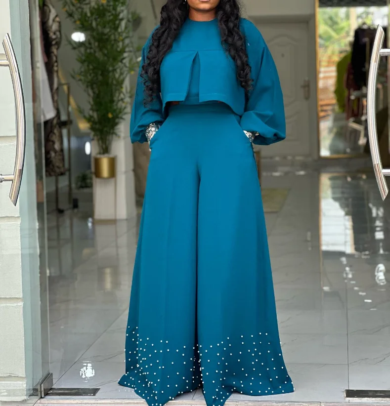 

Women's Two-Piece Set 2025 Spring Summer New Round Neck Irregular Lantern Sleeve Top Nail Beaded Wide Leg Pants Set