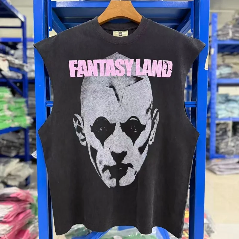 Black Fashion FANTASYLAND Print Pattern Washed Summer Retro Cotton Loose Casual Tank Top