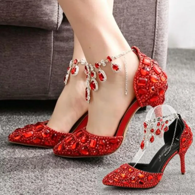 

2026 Spring And Autumn New Women'S Shoes Pointed High Heels Crystal Diamond Chain Wedding Shoes Banquet Women'S Single Pumps