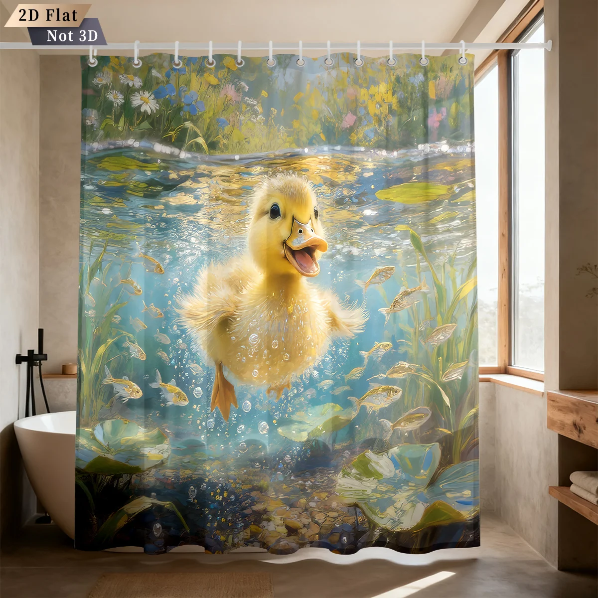 Adorable Yellow Duckling Swim In Clear Pond Under‑water Scene With Tiny Fish Water Lilies Wild Bath curtain, Cozy Soft Warm