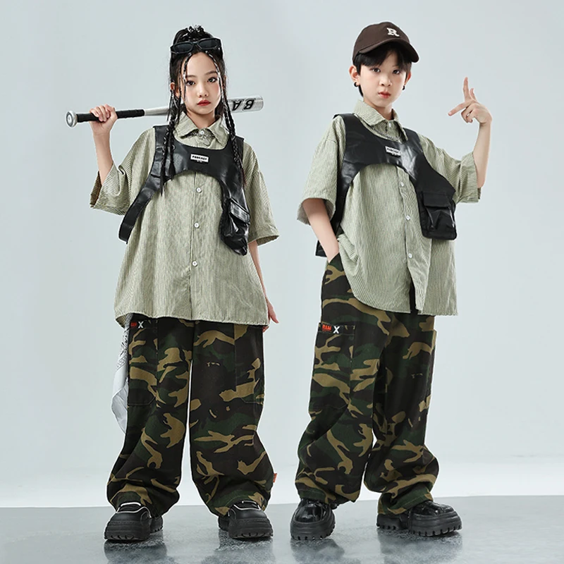 Cool Hip Hop Costume di danza per bambini Pantaloni mimetici Camicia oversize Street Dance Performance Wear Ragazzi Ragazze Jazz Outfit VDL3470