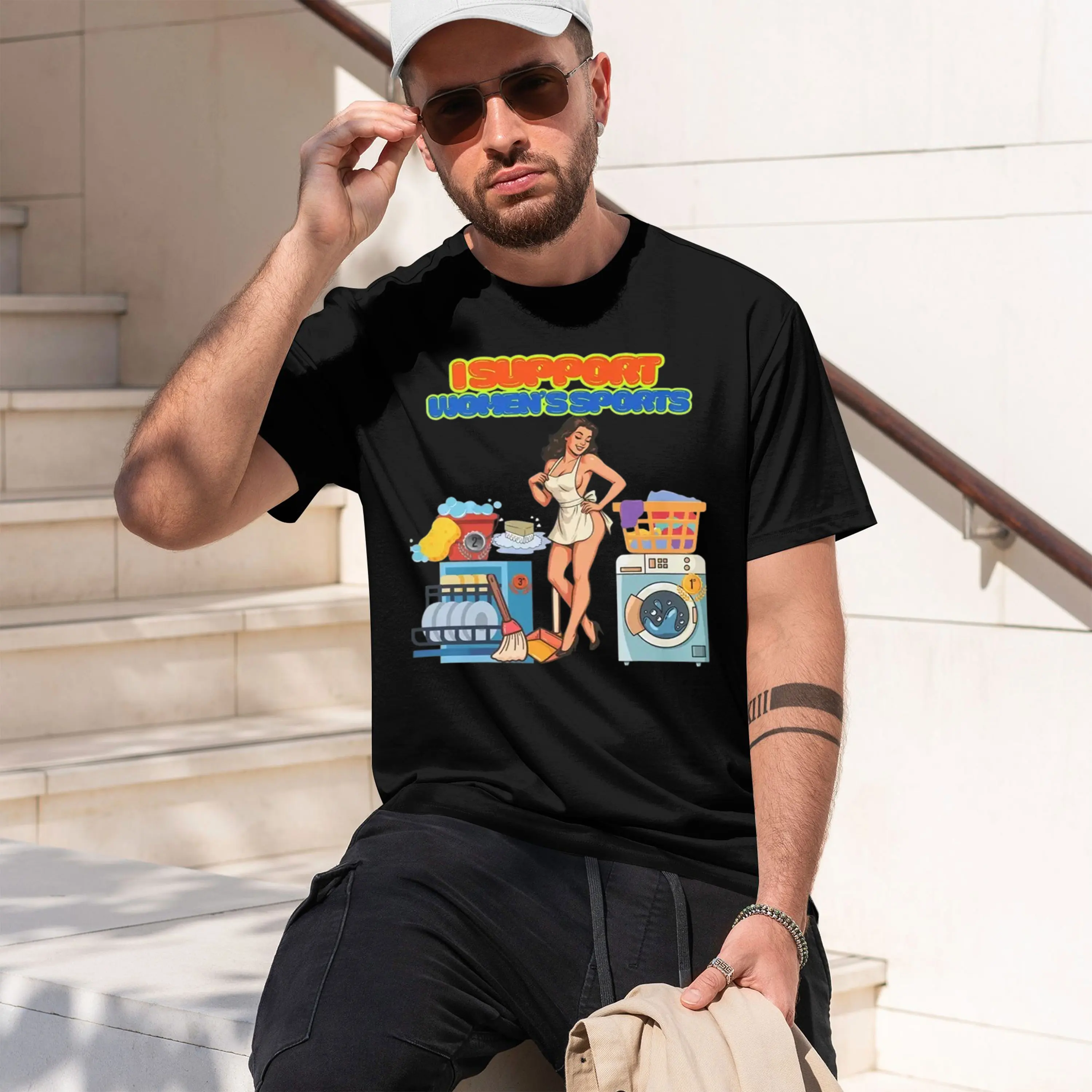 Retro Pin Up Style Men's T-Shirt I Support Women's Sports Vintage Housewife With Laundry And Cleaning Tools Summer Casual Wear G
