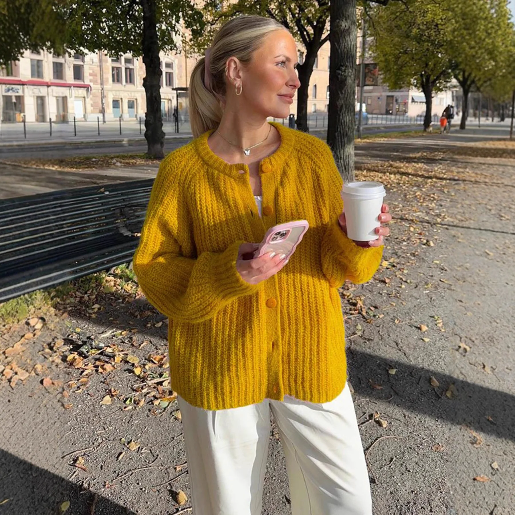 

Women's Solid Color Simple Cardigan Autumn Fashion Elegant Round Neck Knitted Sweater Casual Multifunctional Long-Sleeve Top