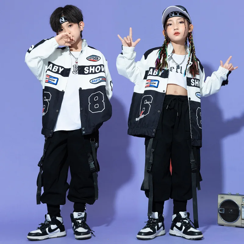 New Kids Hip Hop Dance Costume Cool Motorcycle Jacket Boys Girls Black Cargo Pants Street Dance Jazz Performance Clothes BL11631