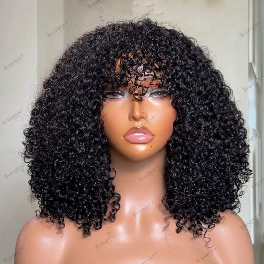 Afro Kinky Curly 100% Human Hair Virgin Unprocessing 200Density Fringe Style Lace Front Wig Glueless Full Lace Curly Wigs Bangs