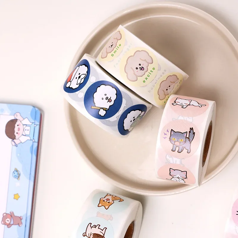 500pcs/roll Cute Cartoon Cat Puppy Scrapbook Journal Sticker Anime Kitten Dog Stationery Sticker Adhesive Envelope Seal Sticker