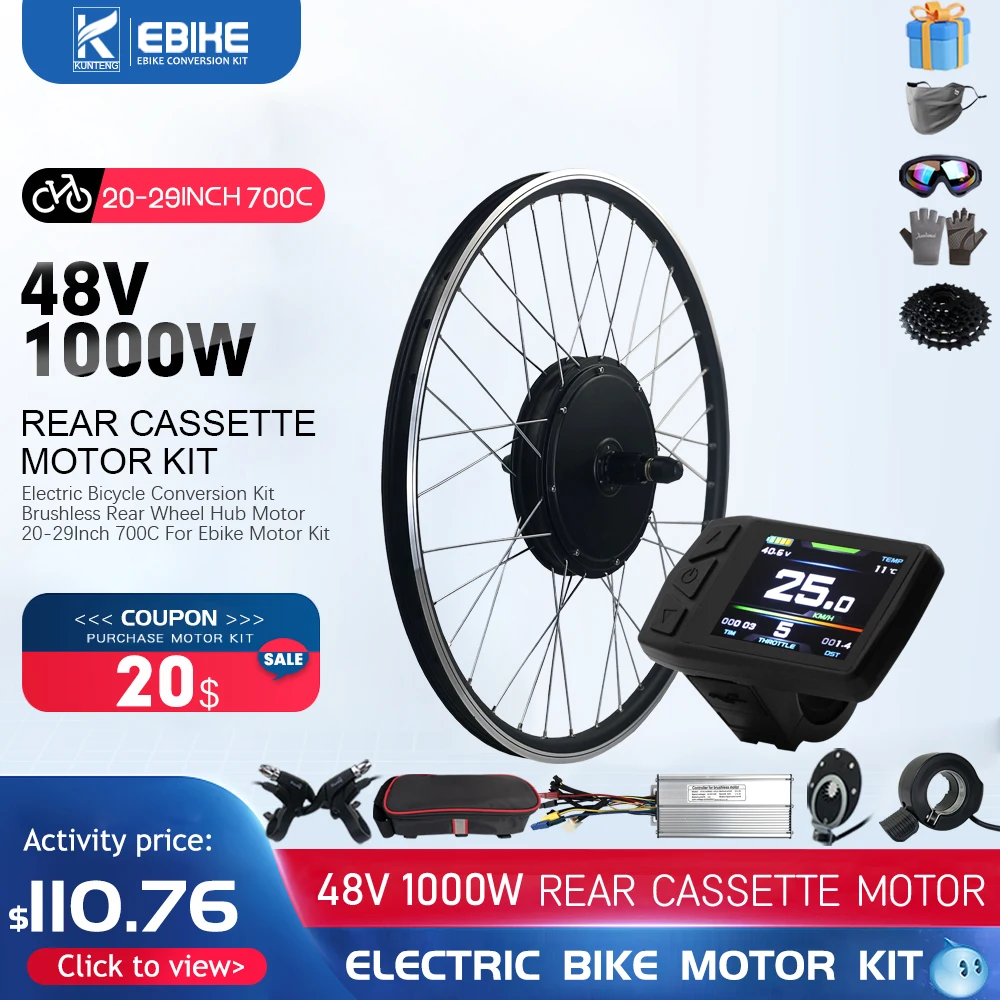 48V1000W Ebike Conversion Kit Brushless Gearless Rear Cassette Hub Motor 20-29 Inch 700C For Electric Bicycle Conversion Kit wit