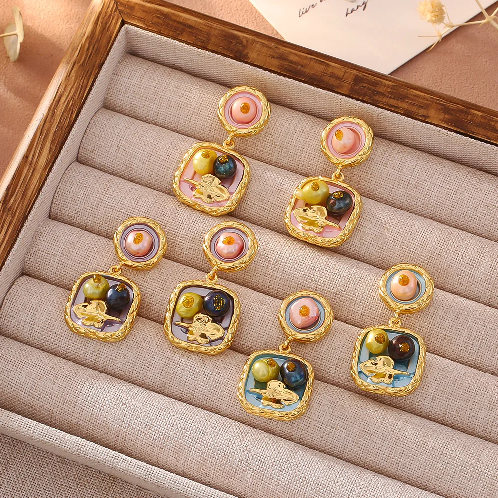

Natural freshwater pearl earrings retro Monet garden oil painting style earrings high-end temperament earrings for women