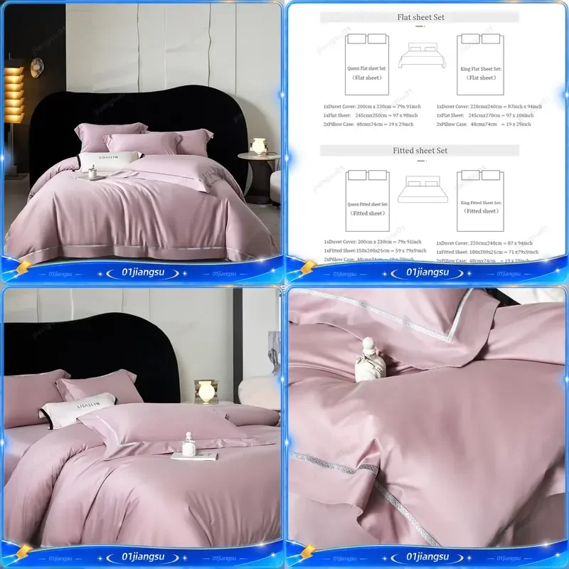 Luxury Solid Color Bedding Set 1000TC Lyocell Cotton Brushed Duvet Cover Queen King Size Flat Fitted Sheet Pillowcase 4 Piece