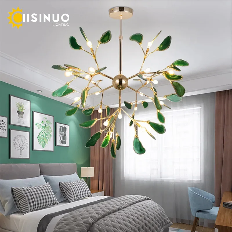 

Agate Stone Tree Branch Chandelier Hanging Pendant Ceiling Light Leaf Shaped Firefly Lighting Fixture for Bedroom Living room De