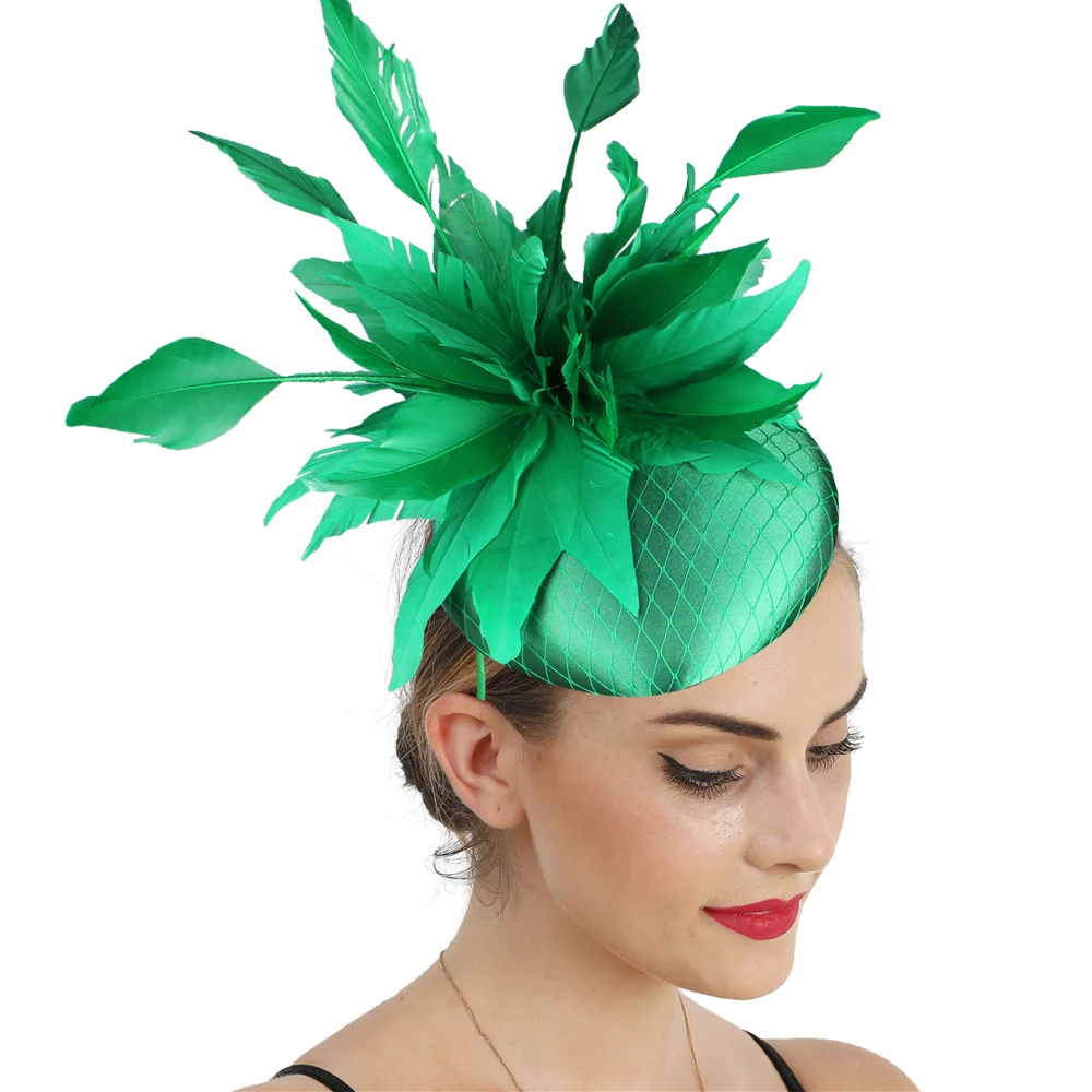 

High Quality Satin Hair Accessories Wedding Fascinators Elegant Womens Headwear With headband Quill Bride Mesh Fedora Hats