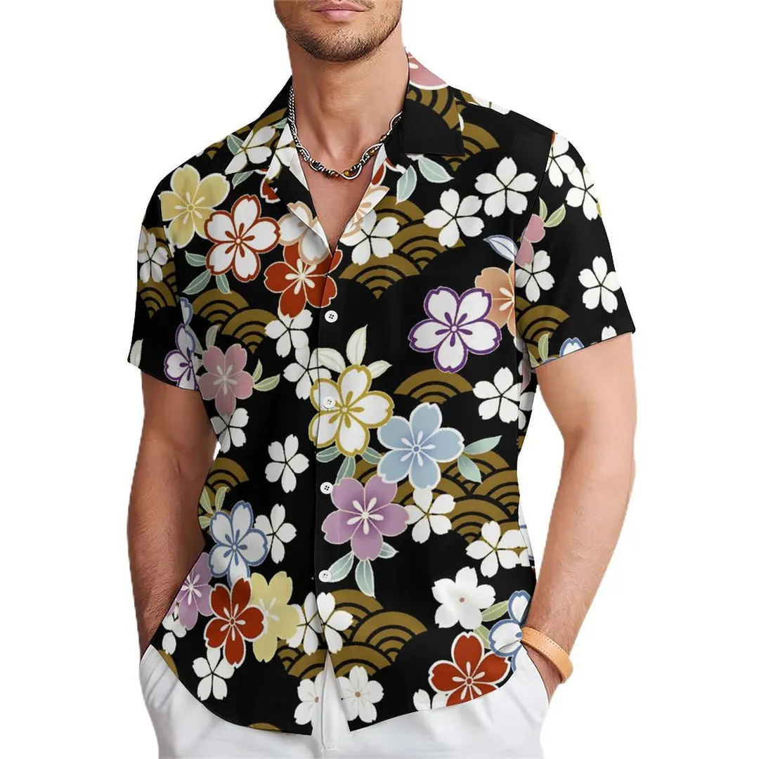 New men\'s multi-color and multi style floral cherry blossom art casual short sleeved shirt with high-definition printing