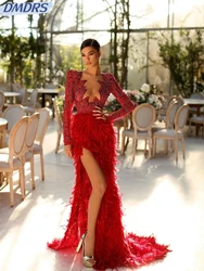 Luxury Red Feathers Mermaid Prom Gown Sexy Deep V-neck Cocktail Dresses Sequined Beads Evening Dress Customized Robe De Mariée