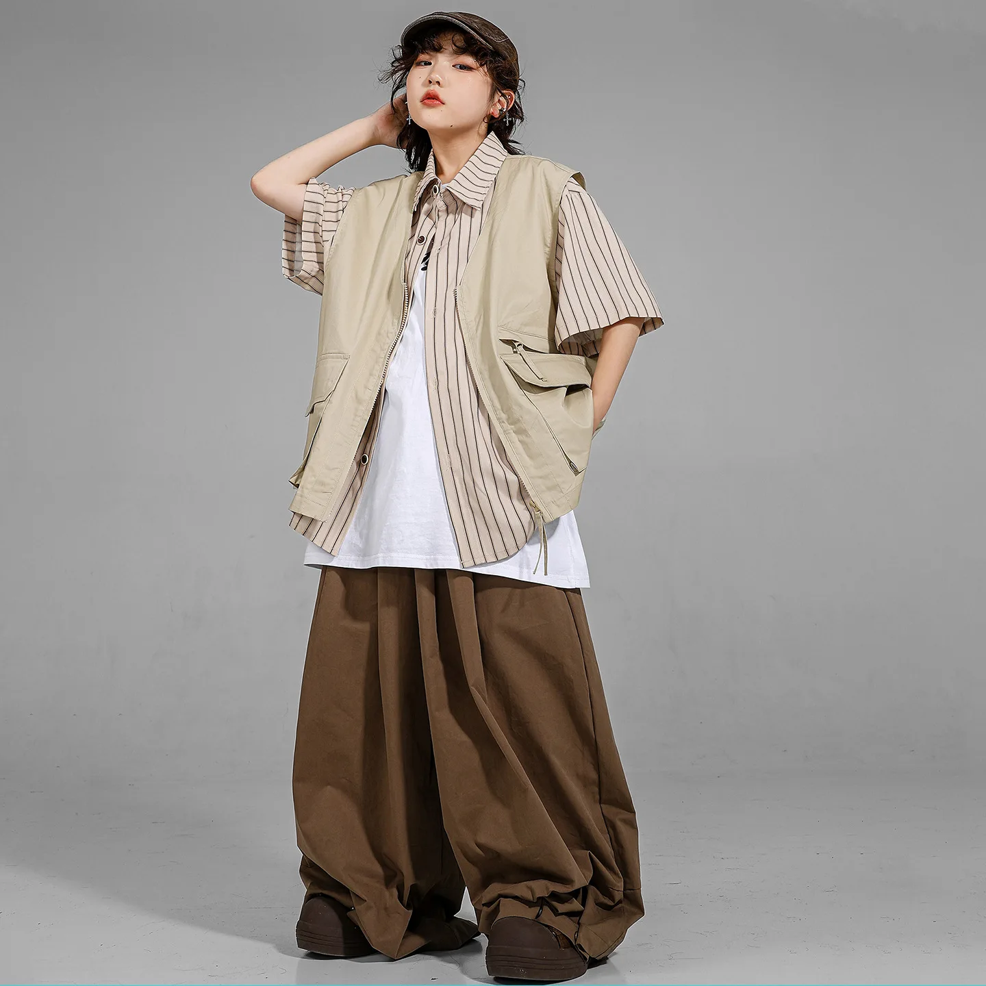 Kid Kpop Hip Hop Clothing Striped Shirt Khaki Vest Top Coffee Casual Wide Leg Pleated Pants for Girls Boys Dance Costume Clothes