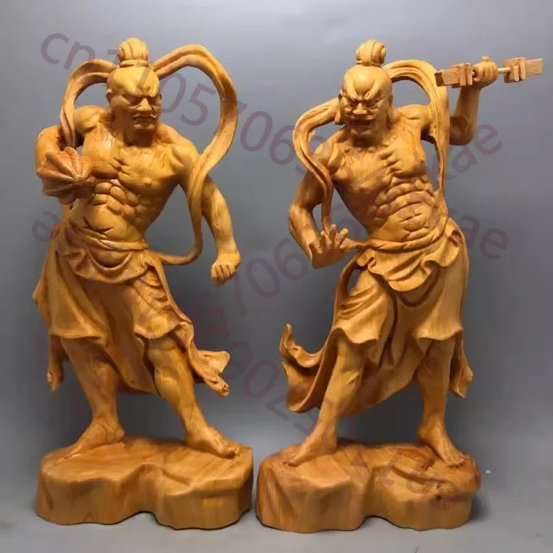Natural Solid Wood Grand Marshal Marshals Hum Ha Two Will Door God Statue Hand-Carved Home Room Office Decor Figure Statue Suit