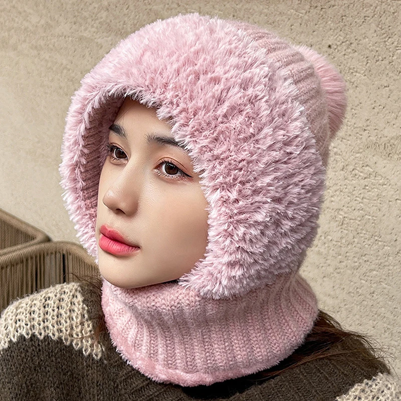 Winter Warm Cycling Hat with Ear Flaps Face Mask Knit Plush Balaclava Lady Hooded Neck Warmer Thermal Skullie