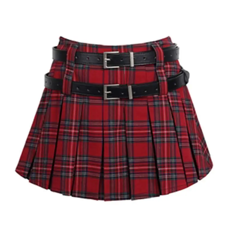 

Vintage Red Plaid Midi Skirt With Double Belt Women High Waist Korean Fashion A-line Pleated Skirts JK College Preppy Style 2025