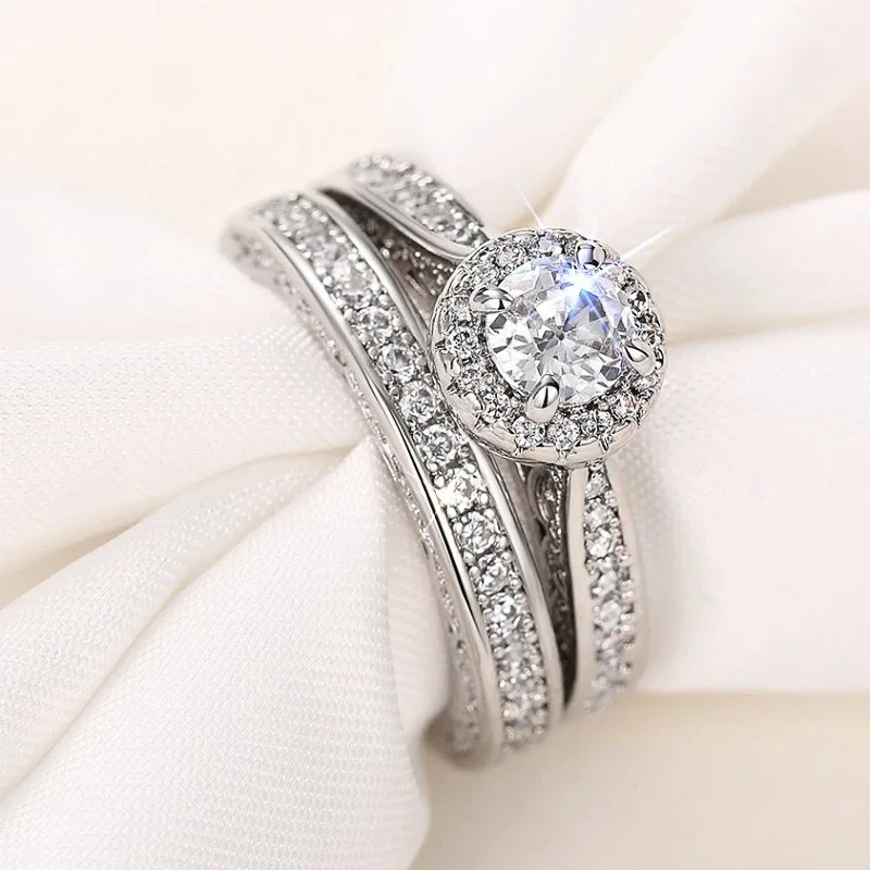 CAOSHI 2Pcs/Set Luxuriant Promise Women's Rings Silver Color Sparkling Cubic Zirconia Wedding Engagement Temperament Jewelry