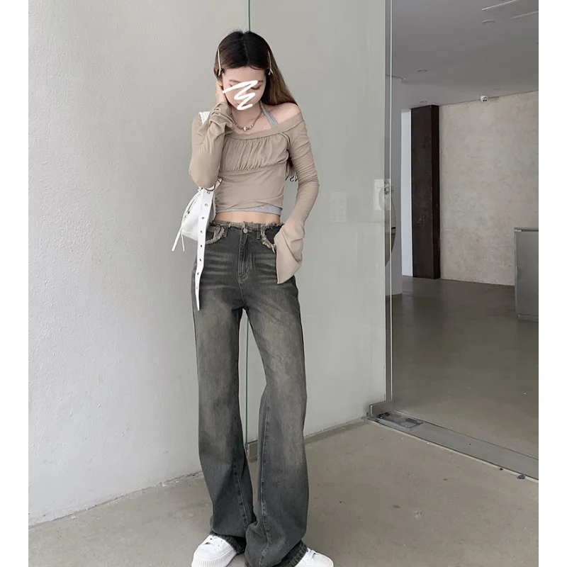 

Vintage Black High Waist Women Jeans Stars American Fashion Streetwear Wide Leg Jean Female Trouser Straight Baggy Denim Pants