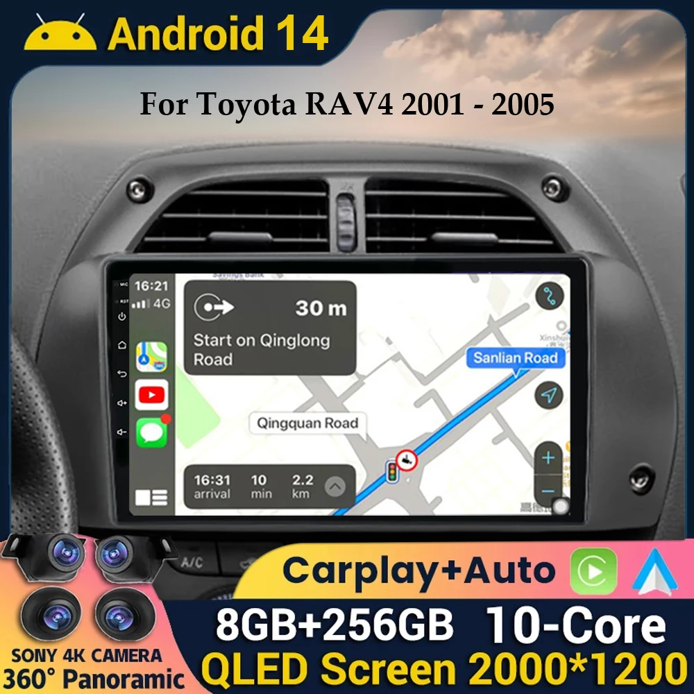 

Автомагнитола Carplay для Toyota, мультимедийный проигрыватель на Android 14 с поддержкой Wi-Fi и 4G для Toyota RAV4 2001, 2002, 2003, 2004, 2005, 2006, 360, GPS,
