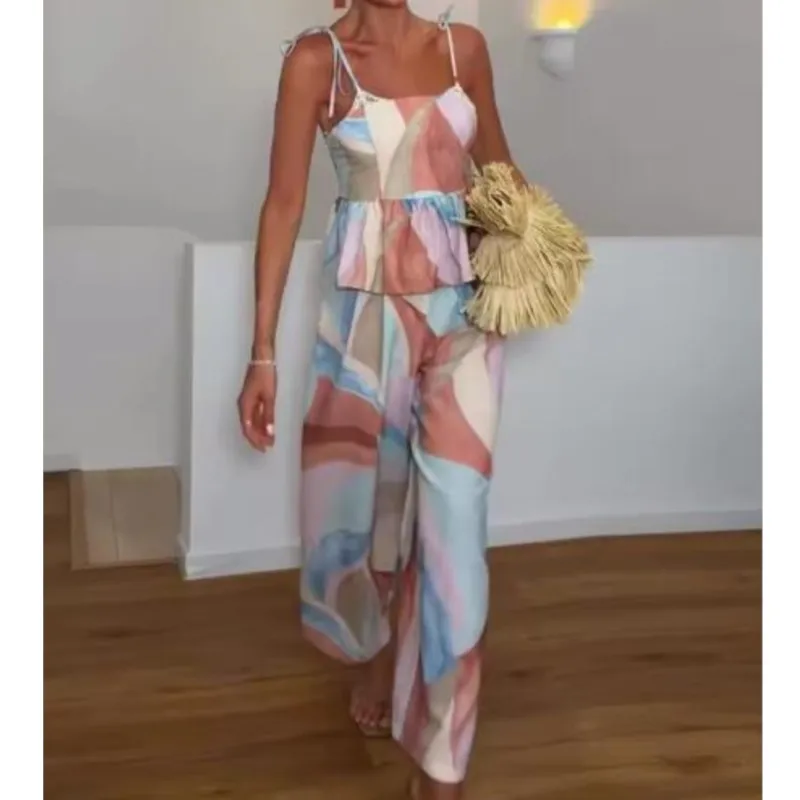 Women's Printed Pants Set Summer Fashion Sleeveless Straps Tops Mid-waist Wide-leg Pants Casual Holiday Female 2 Piece Set