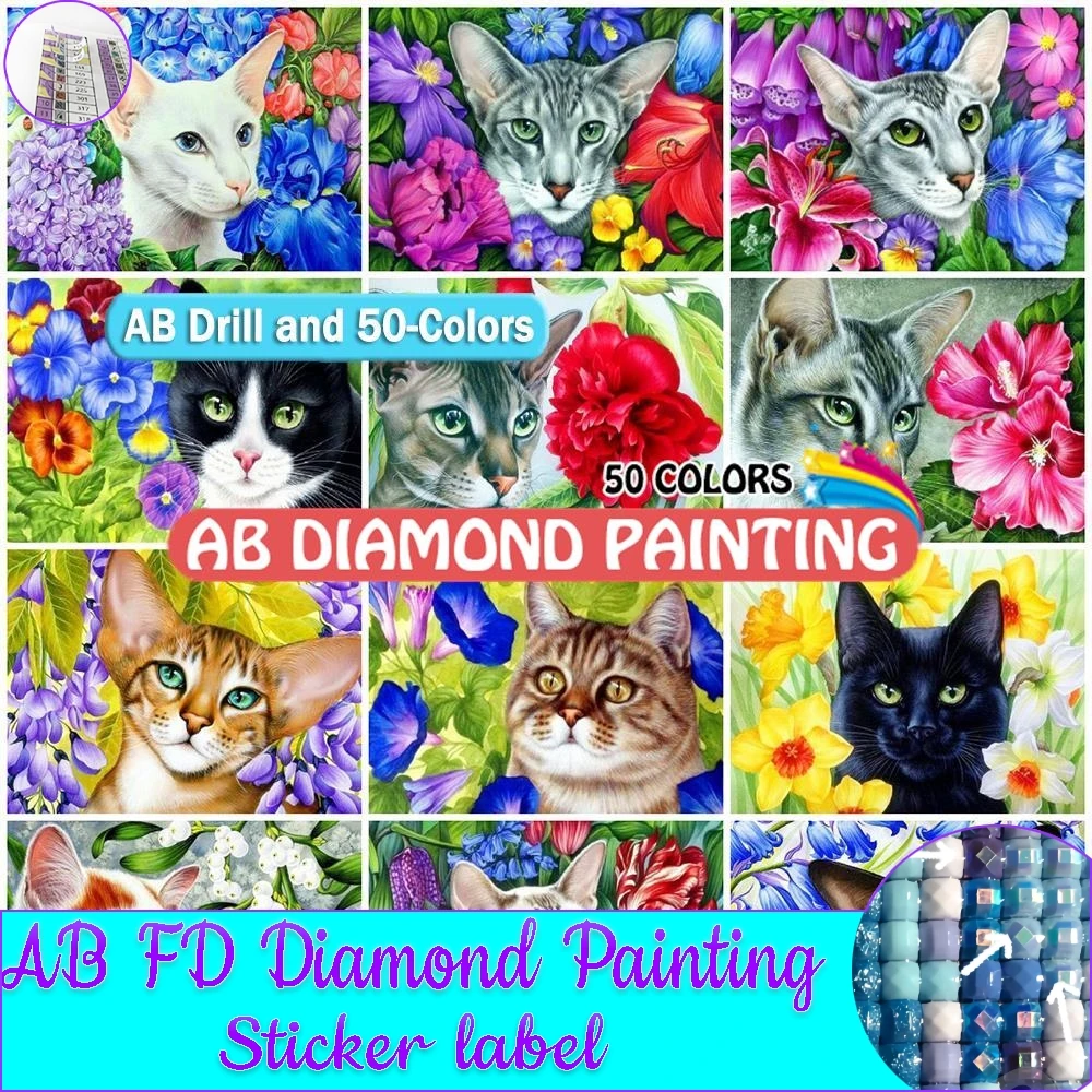 

AB FD Diamond Painting Sticker Label 5d Cat AB Drills Embroidery Animal Handicraft Diy Catoon Mosaic Flower Home Decoration