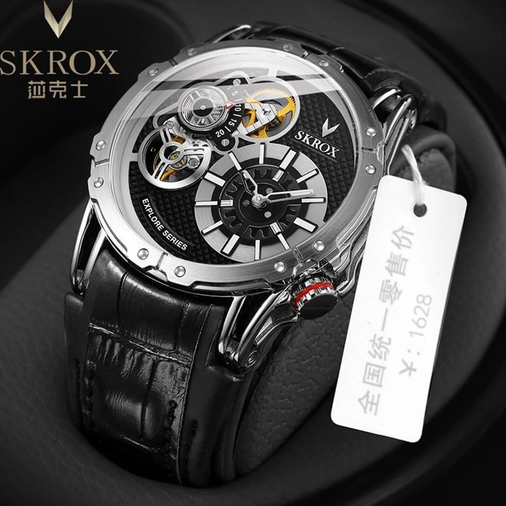 Punk Skeleton Watches Luxury Automatic Self-Wind Mechanical Wristwatches Men 44mm Top Brand Tourbillon Luminous Clock SKROX 2023