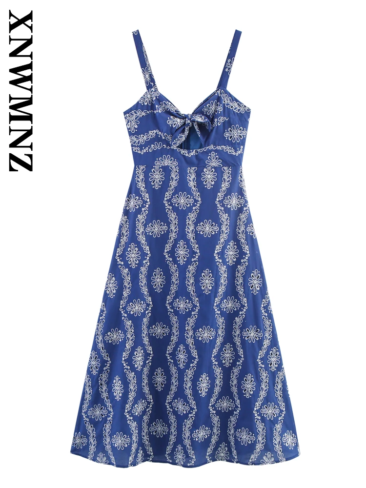 XNWMNZ 2025 verano mujer boho Sexy correa de hombro delgada vestidos midi vacaciones moda mujer ropa azul sin mangas vestido elegante