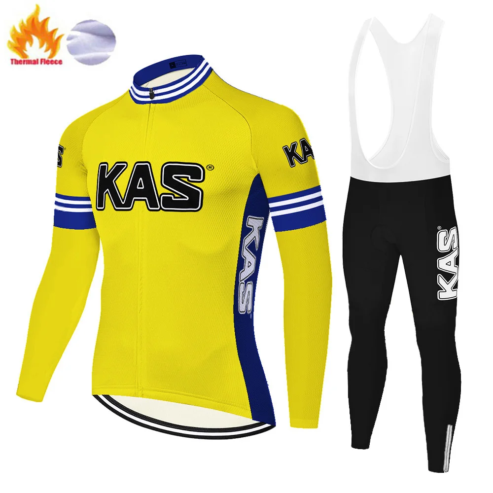 2024 Retro Kas Cycling Jersey Sets Winter Thermal Fleece Men Long Sleeve Bicycle Clothing Bib Bike Ropa Maillot ciclismo MTB