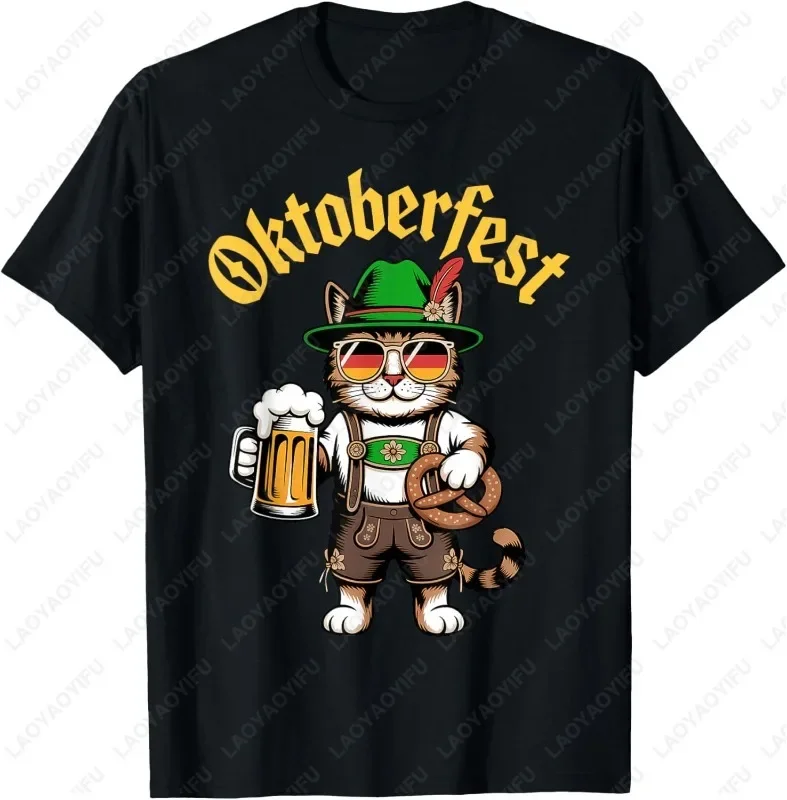 

Oktoberfest Cat Beer Pretzel Graphic Tee Breathable Short Sleeve T-Shirt Festival Top for Men Women