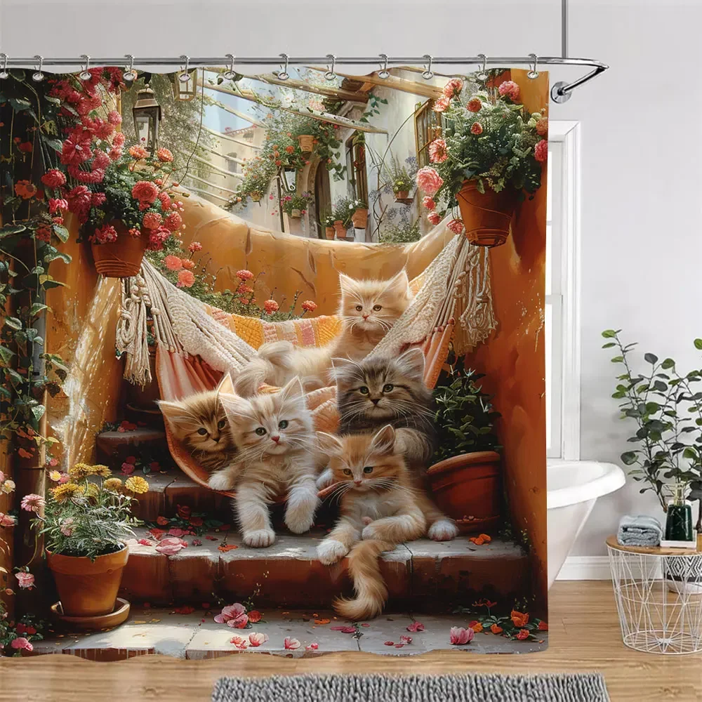 Cute Cat in Cradle Shower Curtain Flower Stand Potted Plant Flower Vintage Pattern Polyester Fabric Bath Curtains Bathroom Decor