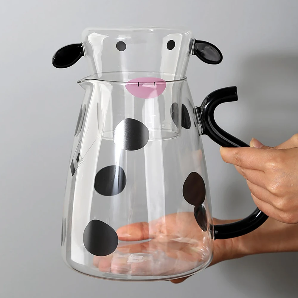 Freeship 1800ml Cow Glass Water Pitcher With Glass Mug Glass Carafe Pitcher Kettle Milk Jug Water Carafe For Midnight Drink