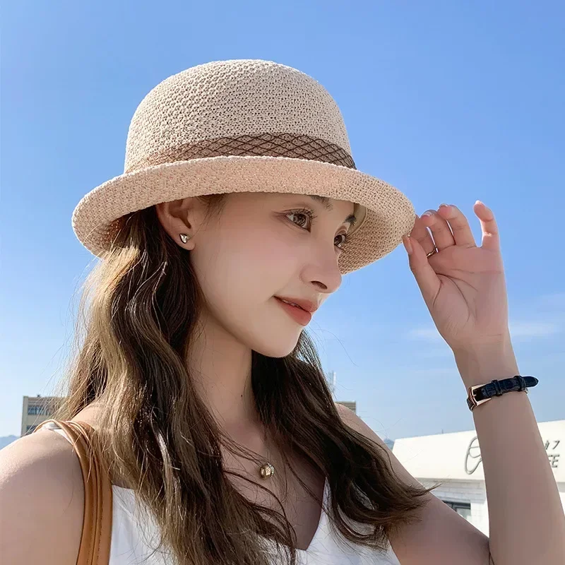 Fashion Elegant Version Women Summer New Knitted Breathable Flower Fisherman Hat Sunshade Sunscreen Curly Edge Short-brimmed Hat