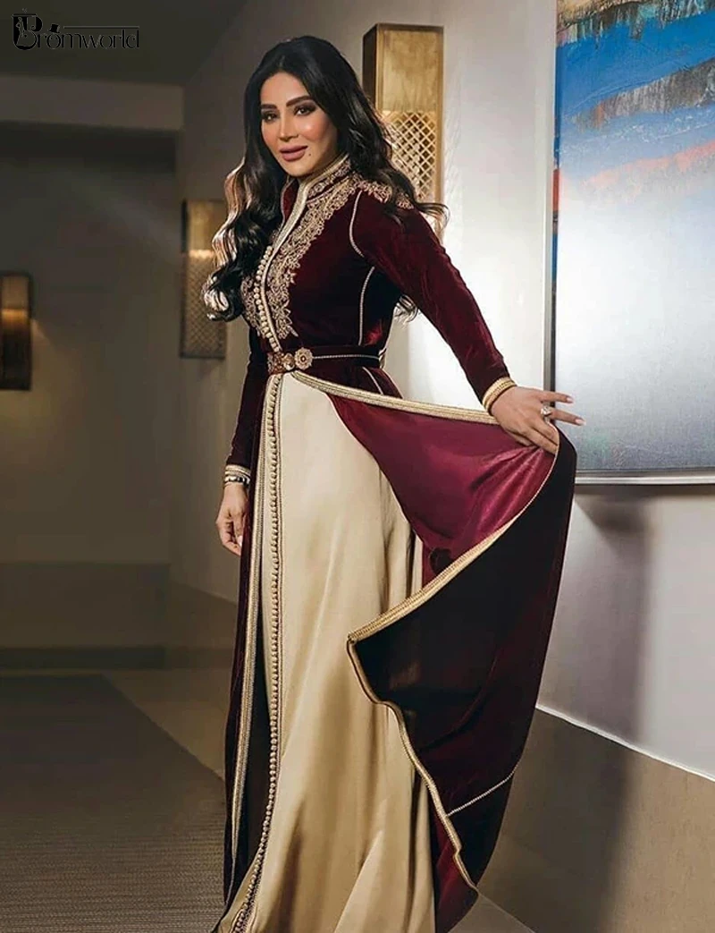 Moroccan Caftans Burgundy Formal Dress A-line Long Sleeve Evening Gowns Floor-Length Velour Vintage Prom Dresses with Embroidery