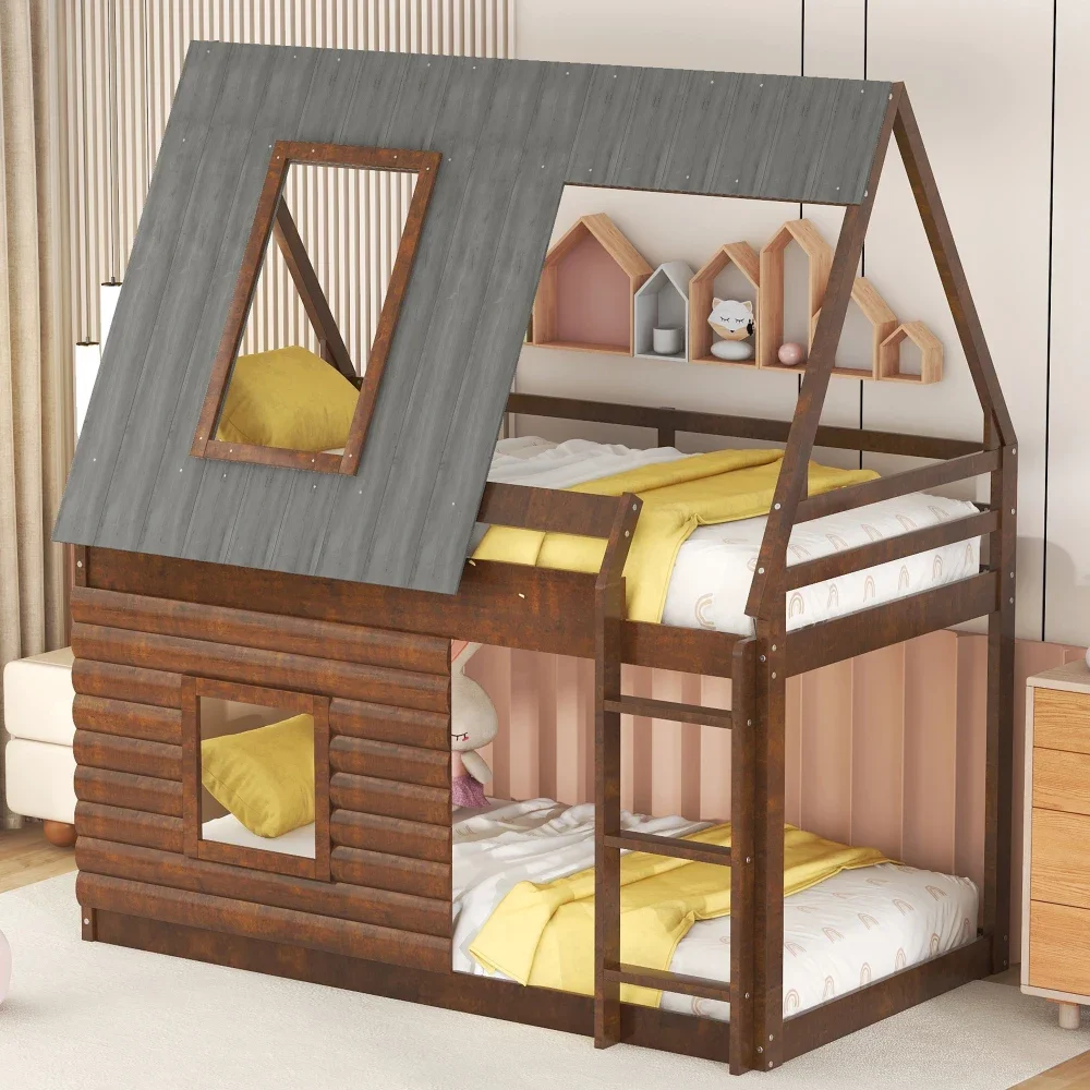 Children Beds Wood Twin Size House Bunk Bed with Roof, Ladder and 2 Windows, Oak & Smoky Grey  Kids Beds for Boys Kids Furniture