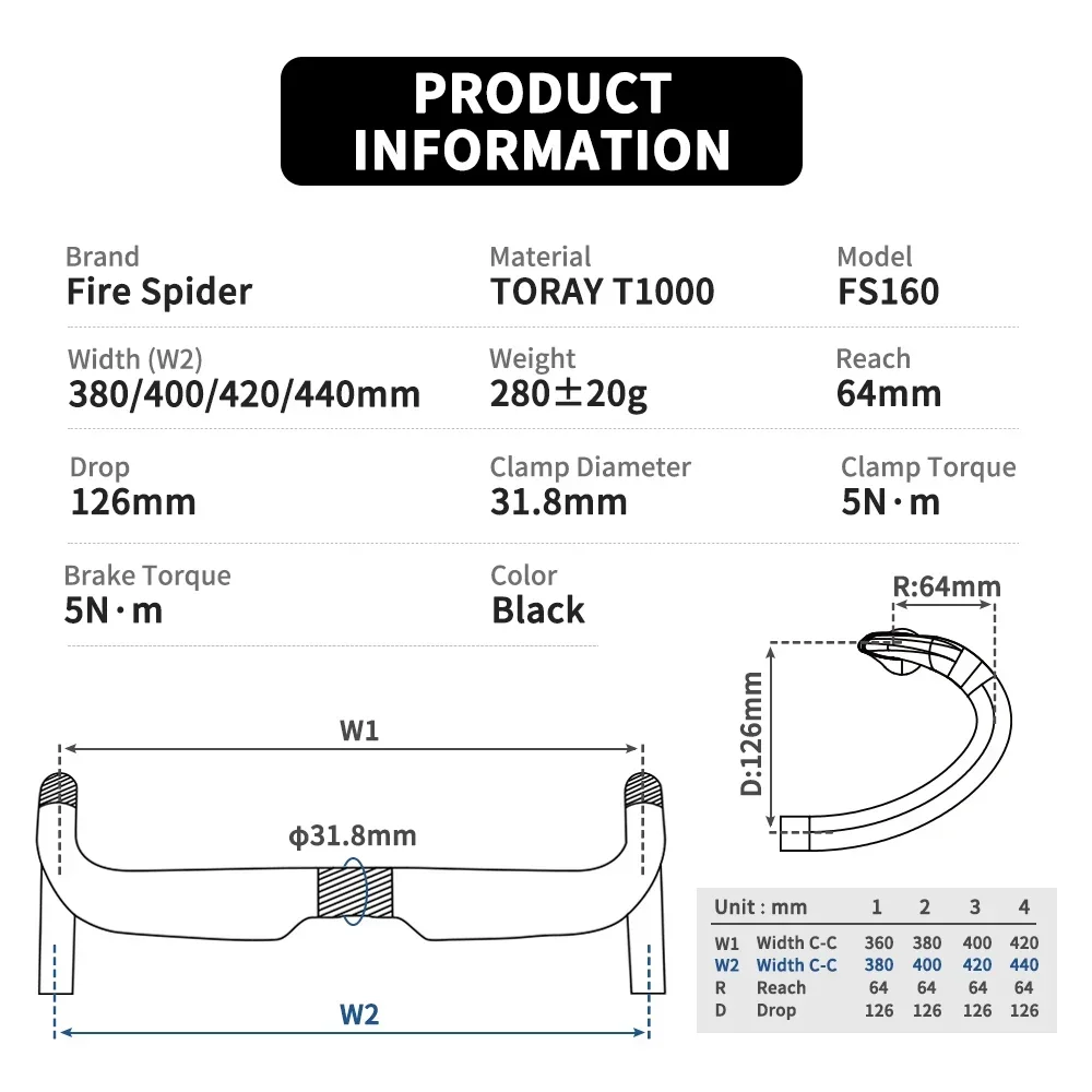 FIRE SPIDER Carbon Fiber Road Bicycle Handlebar Ultralight Carbon T1000 Road Bike Handlebar 380/400/420/440MM Bicycle Drop Bar