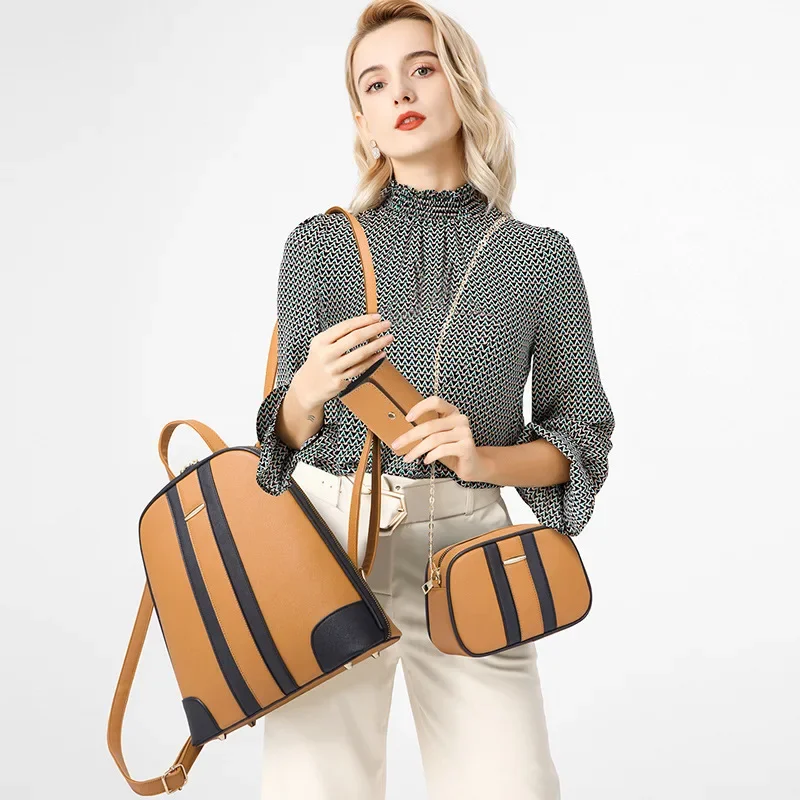 2023 Color Contrast 3 Pcs Set Women's Bag Striped Design Hard PU Leather Lady Purses Shoulder Bags and Backpacks Set Bolsas