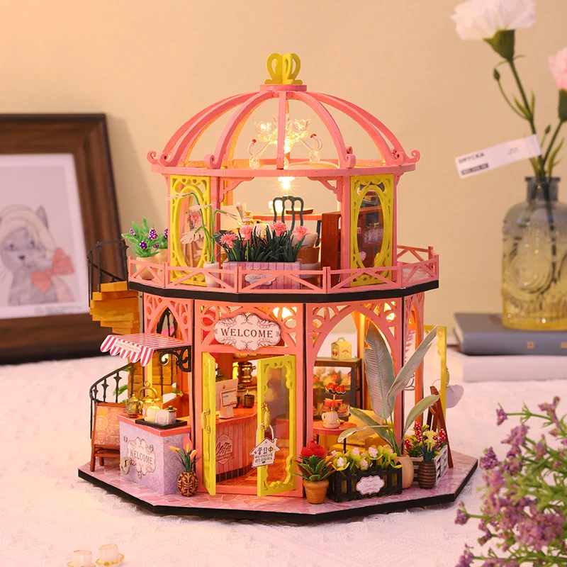 DIY Wooden Doll Houses Romantic Coffee Store Casa Miniature Building Kits with Furniture Led Lights Dollhouse for Adults Gifts