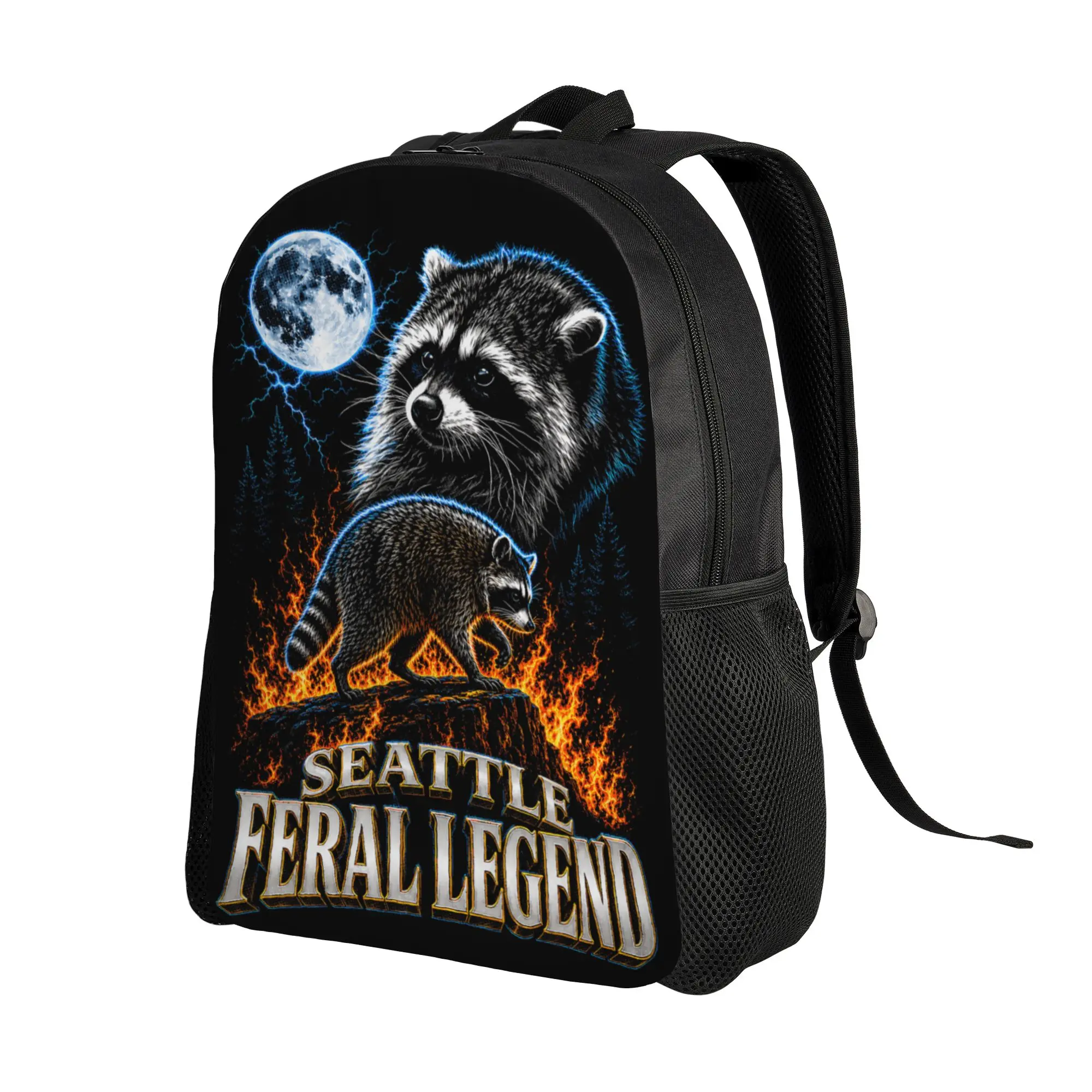 Jimothy Raccoon Seattle Feral Legend Moon Flames Bootleg Backpack  Kawaii Backpacks Unisex Travel Large School Bags Rucksack