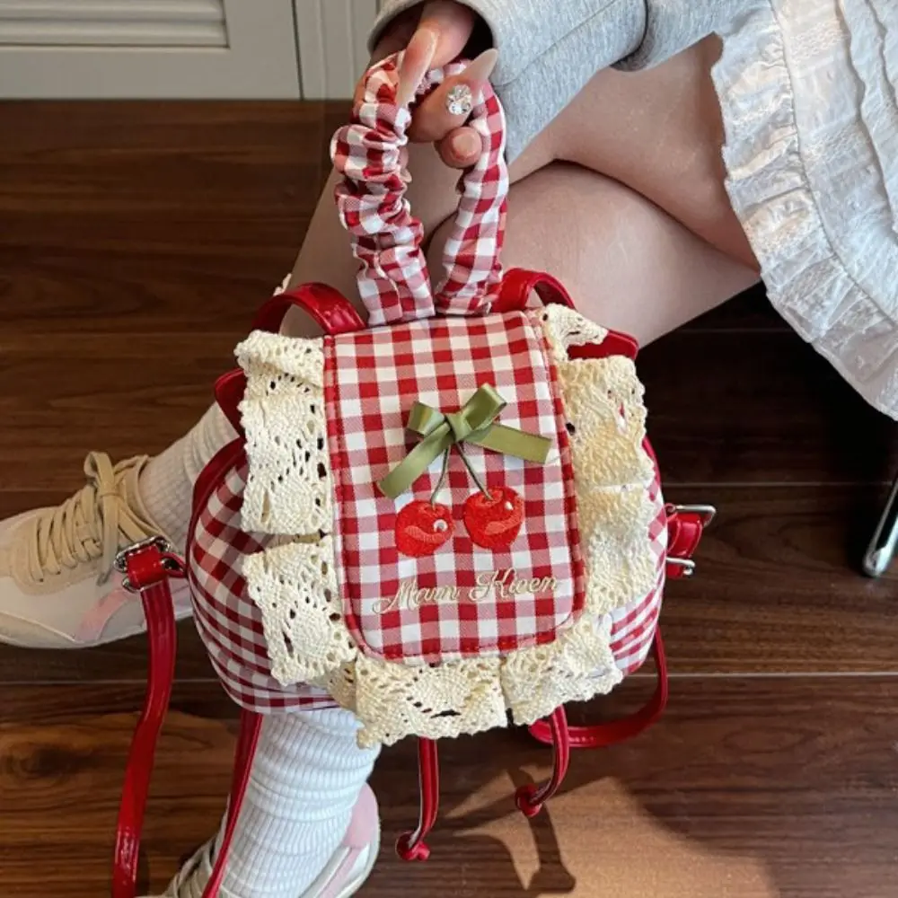

Fashionable Korean Style Lace Plaid Backpack Canvas Travel Cherry Backpack Large Capacity Commute Bow Shoulder Bag Women