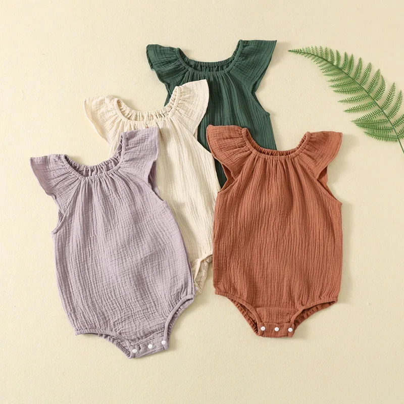 Somenie Newborn jumpsuit with flying sleeves, summer girls' double-layer gauze, baby clothes, baby clothes, climbing clothes